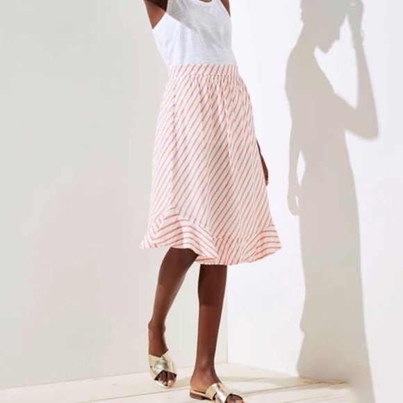 New LOFT Striped Ruffle Hem Midi Skirt Cream Red Sz 0 - Picture 1 of 8